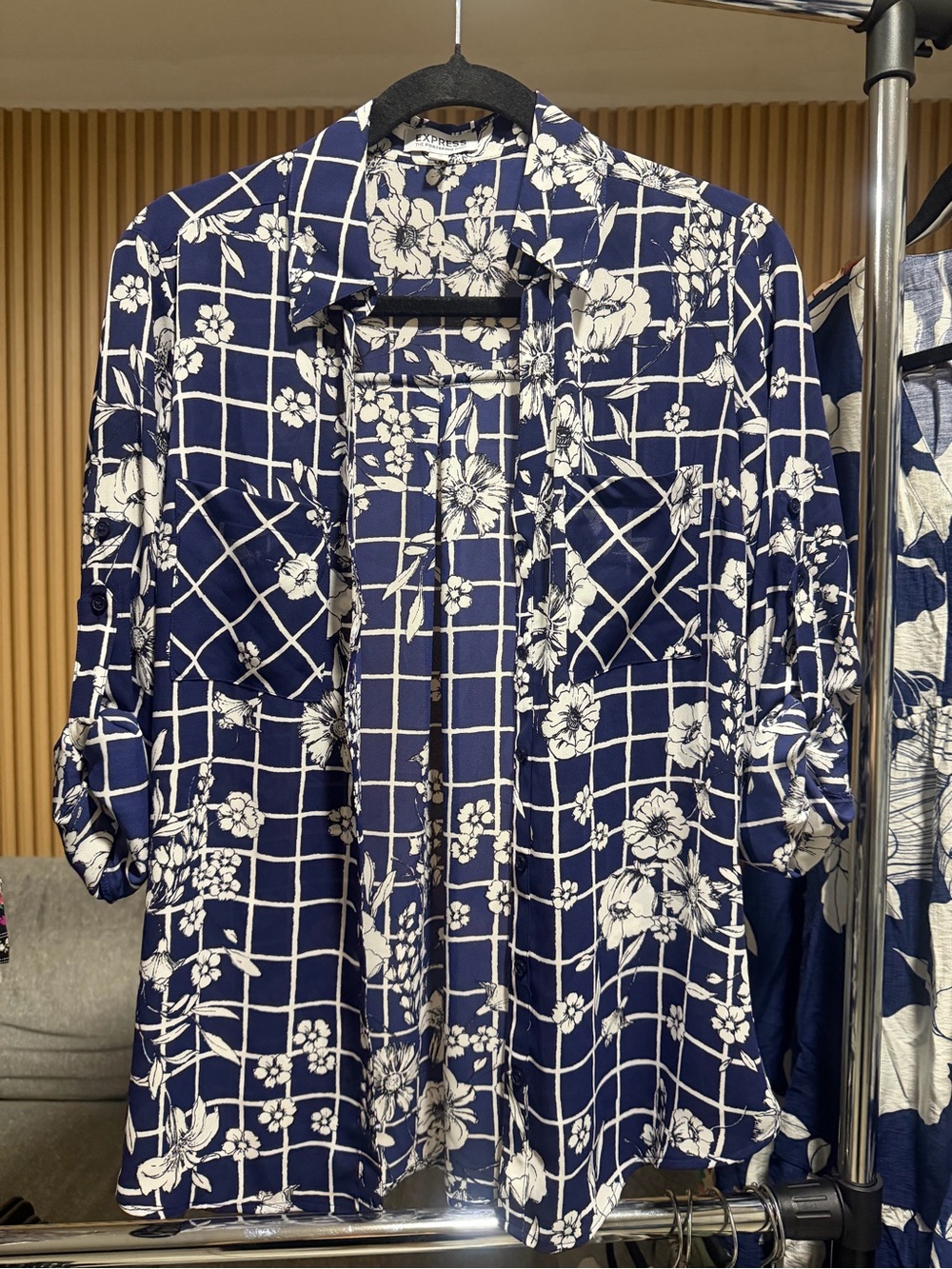 Express Portofino Navy Floral Grid Button-Up Shirt Jacket M #205